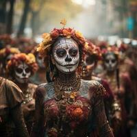 día de el muerto. mujer con azúcar cráneo maquillaje en un floral antecedentes en el calle. ai generado foto