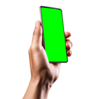 Hand holding smart phone Mockup and screen Transparent, Clipping Path isolated for Infographic Business web site design app, green screen png