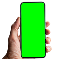 Hand holding smart phone Mockup and screen Transparent, Clipping Path isolated for Infographic Business web site design app, green screen png