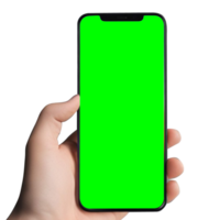 hand innehav smart telefon attrapp och skärm transparent, klippning väg isolerat för infographic företag webb webbplats design app, grön skärm png