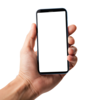 Hand holding phone, Isolated hands and smartphone . Female hand holding modern black phone in vertical position. png