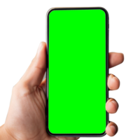 hand- Holding slim telefoon mockup en scherm transparant, knipsel pad geïsoleerd voor infographic bedrijf web plaats ontwerp app, groen scherm png