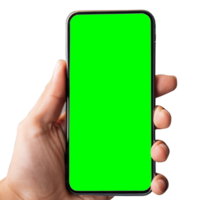 Hand holding smart phone Mockup and screen Transparent, Clipping Path isolated for Infographic Business web site design app, green screen png