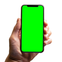 Hand holding smart phone Mockup and screen Transparent, Clipping Path isolated for Infographic Business web site design app, green screen png