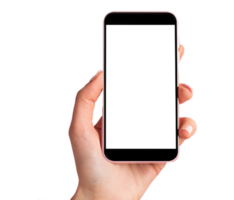 Hand holding phone, Isolated hands and smartphone . Female hand holding modern black phone in vertical position. png