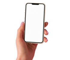 Hand holding phone, Isolated hands and smartphone . Female hand holding modern black phone in vertical position. png