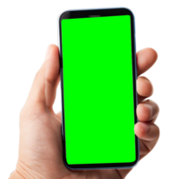 Hand holding smart phone Mockup and screen Transparent, Clipping Path isolated for Infographic Business web site design app, green screen png