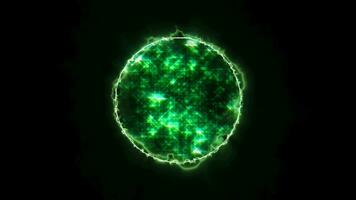 3d glowing green cosmic sphere animation in the Universe. Animated 3d sphere made of shining particles and energy rays. Rotating technology sphere. Matrix, artificial intelligence, technology science video