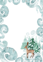 Aquarell Hintergrund mit Reh, Tanne Bäume und Winter Frost. png