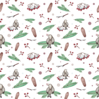 Seamless pattern with winter forest, birds, fir branches, rowan and pine cones, hand drawn in watercolor. png