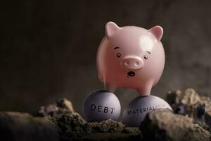 Enemies of Financial Success Concepts. Economic and Savings Crisis. a Pink Piggy Bank in Shocked Face on Unstable Ball of Debt  and Materialism. trying to pass through on the Rough Road photo