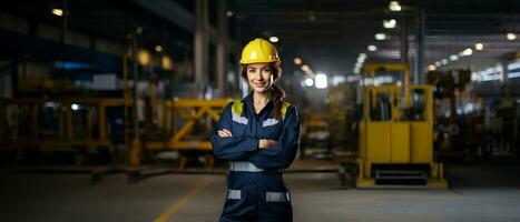 Portrait of an Confident Engineering Woman. Arm Crossed, Smiling and Looking at Camera. wearing Construction Hard Hat, Standing in the Factory. AI generative photo