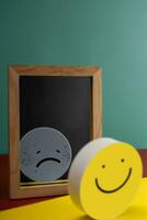 Mental Health Concept. Complexity of Deepest Mind and the Personality to Expressed Different Characteristics in Public. a Happy Face Reflects a Sad face on another side of the Mirror. Bipolar Disorder photo