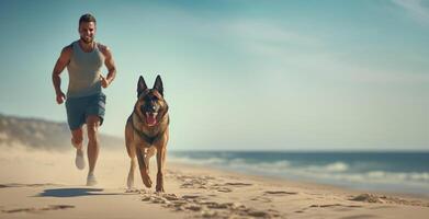 ocupaciones con el perro en el playa, un activo joven hombre y su alemán pastor perro trotar juntos por el mar. corriendo rutina con naturaleza y mascota. verano ocupaciones con mascota. ai generativo foto