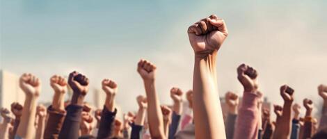 protesta, multitud, expresión y Huelga concepto. personas aumento arriba puño manos dentro el cielo. cinematográfico tono. ai generativo foto