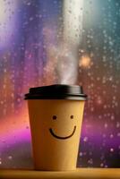 Enjoying the Harmony Life, Optimistic Mind Concept. Smiling Face on Coffee Cup. Happy Mood even if Bad Rainy Day. Serene, Balancing Mind, Soul and Spirit. Mental Health Practice photo