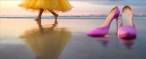 armonía con naturaleza concepto. inferior parte de un felicidad despreocupado hembra bailando en el playa. vestido elegante, tomar Zapatos apagado, descalzo en el arena en puesta de sol. ai generativo foto