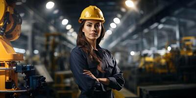 retrato de un confidente Ingenieria mujer. brazo cruzado, sonriente y mirando a cámara. vistiendo construcción difícil sombrero, en pie en el fábrica. ai generativo foto