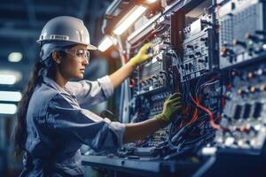 Professional Engineering Woman working with the Quality Control Panel in the Factory. photo