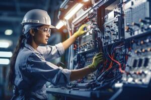 Professional Engineering Woman working with the Quality Control Panel in the Factory. AI generative photo