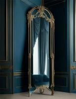 stylish mirror with gold frame in a dark blue room illustration photo