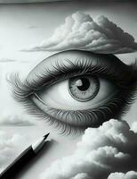 ojos con nubes en grabado estilo ilustración foto