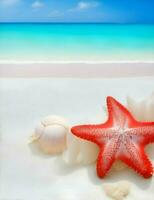 red starfish, on white sand with beach sea background illustration photo