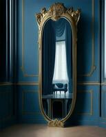 stylish mirror with gold frame in a dark blue room illustration photo