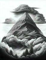 mountains, trees with clouds engraving style illustration photo