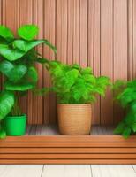 potted plants and brown wooden wall background illustration photo