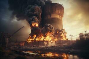 Explosion at nuclear power plants, nuclear disaster, nuclear terrorism Generative AI photo