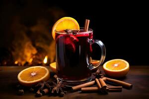Christmas mulled red wine with spices and fruits. Traditional hot drink at Christmas time. Festive mood Generative AI photo