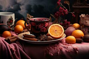 Christmas mulled red wine with spices and fruits. Traditional hot drink at Christmas time. Festive mood Generative AI photo