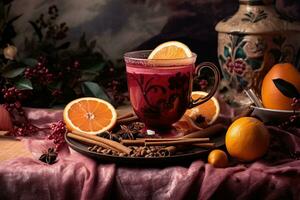 Christmas mulled red wine with spices and fruits. Traditional hot drink at Christmas time. Festive mood Generative AI photo