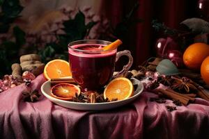 Navidad reflexionado rojo vino con especias y frutas tradicional caliente bebida a Navidad tiempo. festivo estado animico generativo ai foto