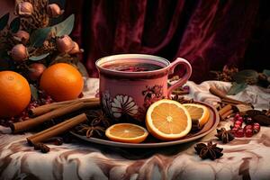 Christmas mulled red wine with spices and fruits. Traditional hot drink at Christmas time. Festive mood Generative AI photo