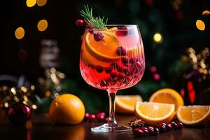 Christmas mulled red wine with spices and fruits. Traditional hot drink at Christmas time. Festive mood Generative AI photo