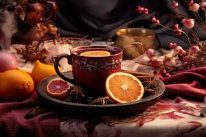 Christmas mulled red wine with spices and fruits. Traditional hot drink at Christmas time. Festive mood Generative AI photo