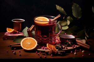 Christmas mulled red wine with spices and fruits. Traditional hot drink at Christmas time. Festive mood Generative AI photo