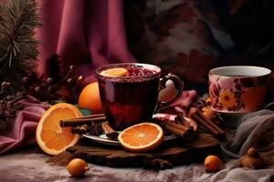 Christmas mulled red wine with spices and fruits. Traditional hot drink at Christmas time. Festive mood Generative AI photo