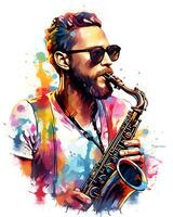 Watercolor saxophone illustration colorful vector white background photo