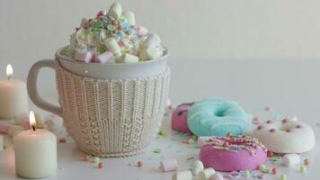 Sprinkles Falling onto Whipped Cream Chocolate Drink. Hot cocoa,  with candies and marshmallows. Colorful donuts on a white table surrounded with candles at home video