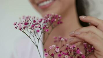 rosa blommor av Gypsophila närbild i de kvinna händer. vår, uppvaknande av natur begrepp. skönhet och ömhet begrepp. långsam rörelse video. video