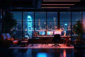 The interior of the office with a computer and neon lighting. AI-Generated photo
