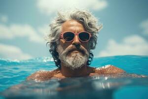An aged man in sunglasses swims in the pool. AI-Generated photo