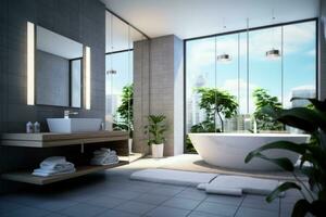 Bathroom with panoramic window in modern style. AI generated photo