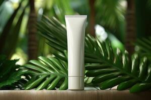 A mock-up white tube for cream on the background of palm leaves. AI generated photo