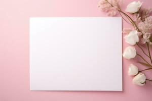 A mock-up of a white card with spring flowers on a pink background in the style of barbie. AI Generated photo