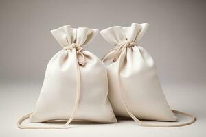 White fabric bags with laces for jewelry. AI Generated photo