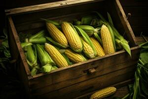 Photos of harvested corn on the cob are in a wooden box. AI generated